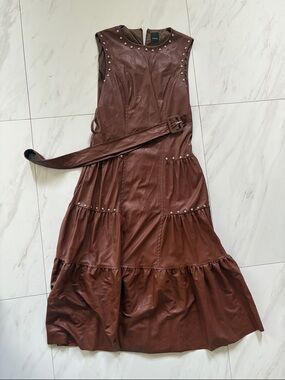Pinko Brown Faux-Leather Maxi Dress with Studded Trim